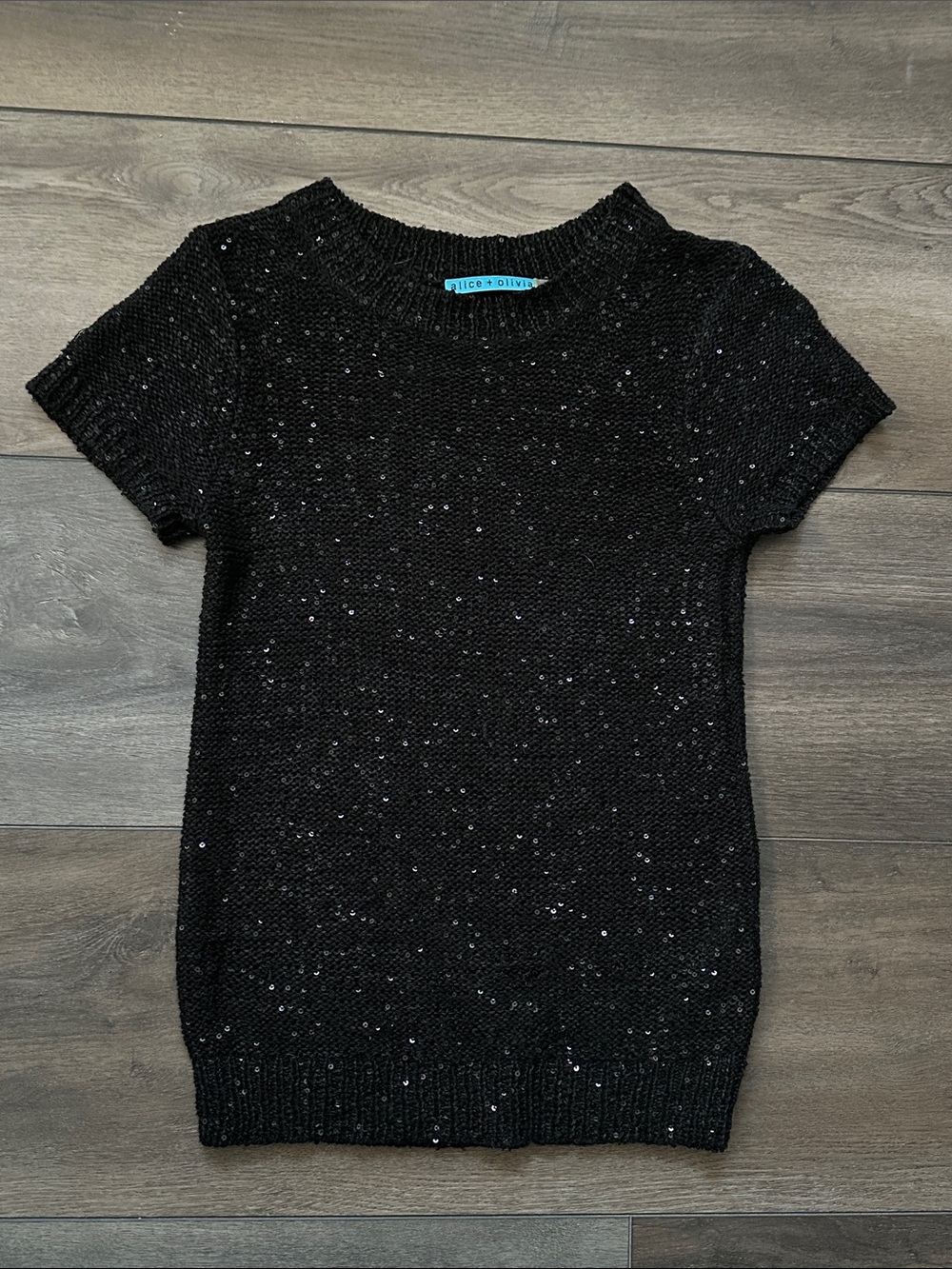 Alice + Olivia Black Sequin Short Sleeve Knit Top